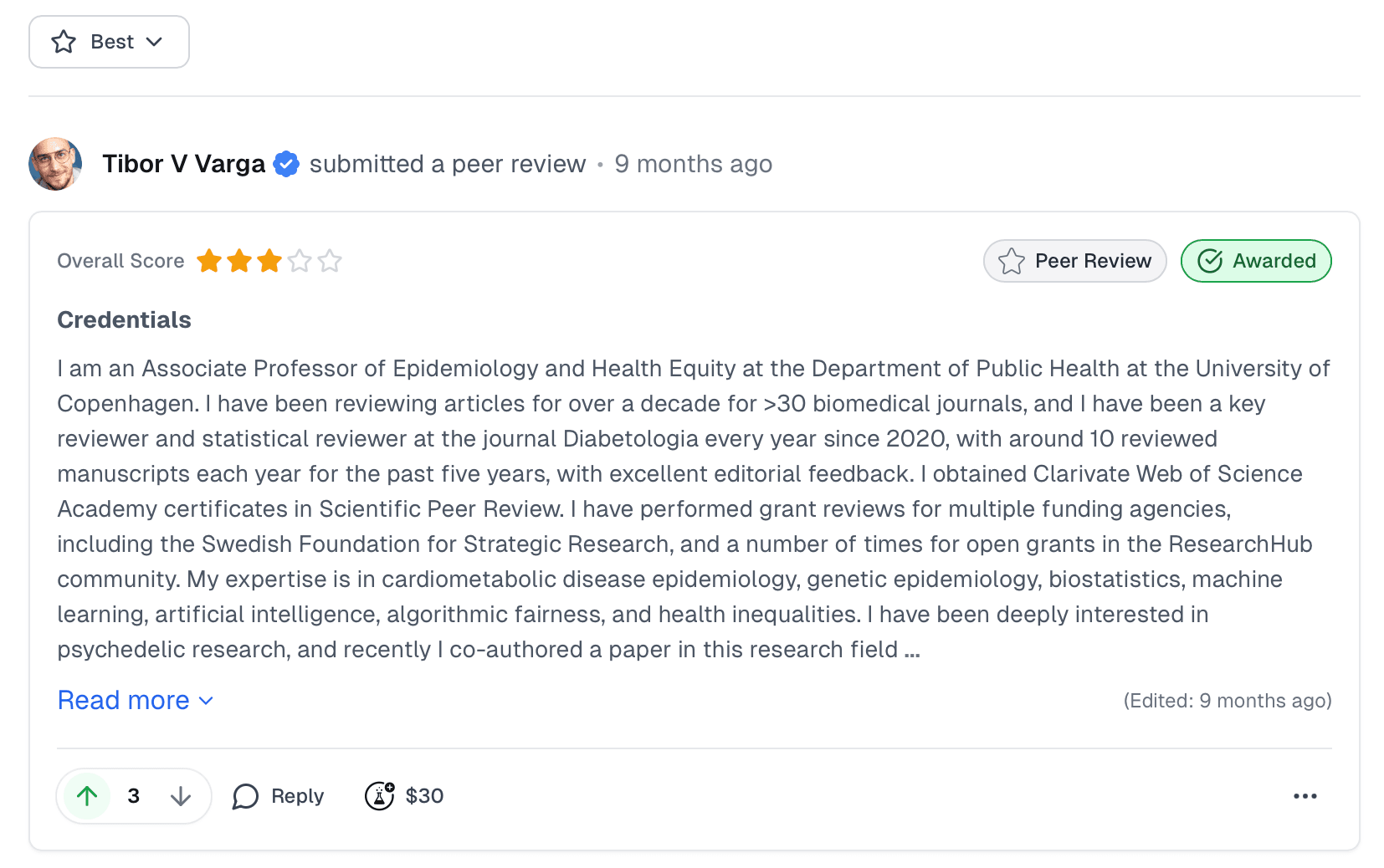 ResearchHub peer review card